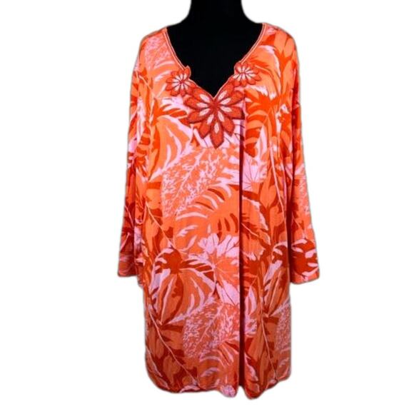 Soft Surroundings Del Rio Embellished Tunic Top Orange Pink Floral Size 2X - Picture 2 of 15
